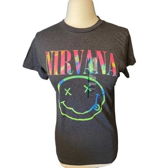 Nirvana NEW Smiley Women’s Medium Tee Shirt Charcoal Gray Colorful - Picture 2 of 8